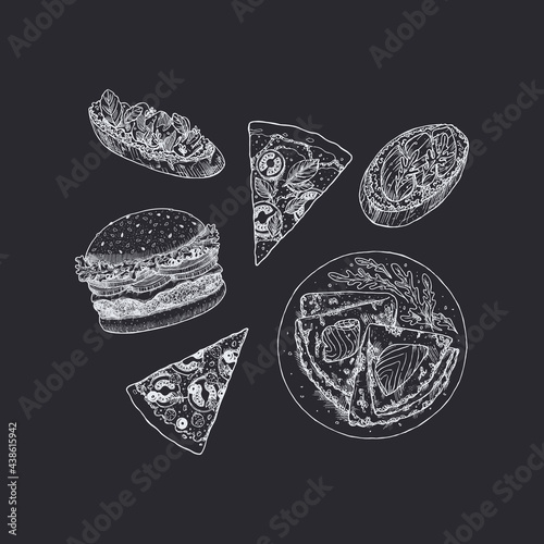 Fast Food collection. Pizza, crepes, burger, bruschetta. Blackboard illustrations. 