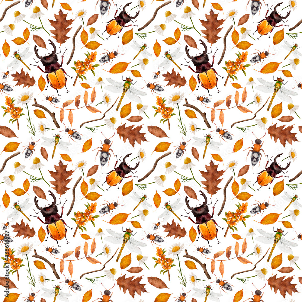 Obraz premium Entomological seamless pattern with colorful beetles. Summer and spring background. Wildlife set, insects texture. Can be used for a poster, printing on fabric.