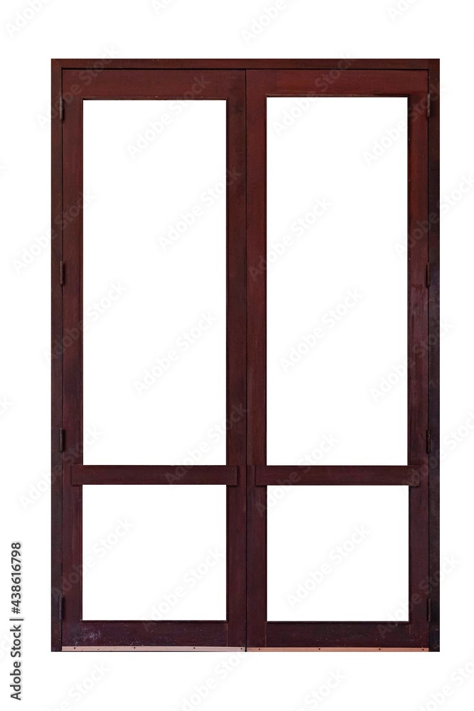 The large entrance door brown solid wood isolated on a white background The large entrance door brown solid wood isolated on a white background