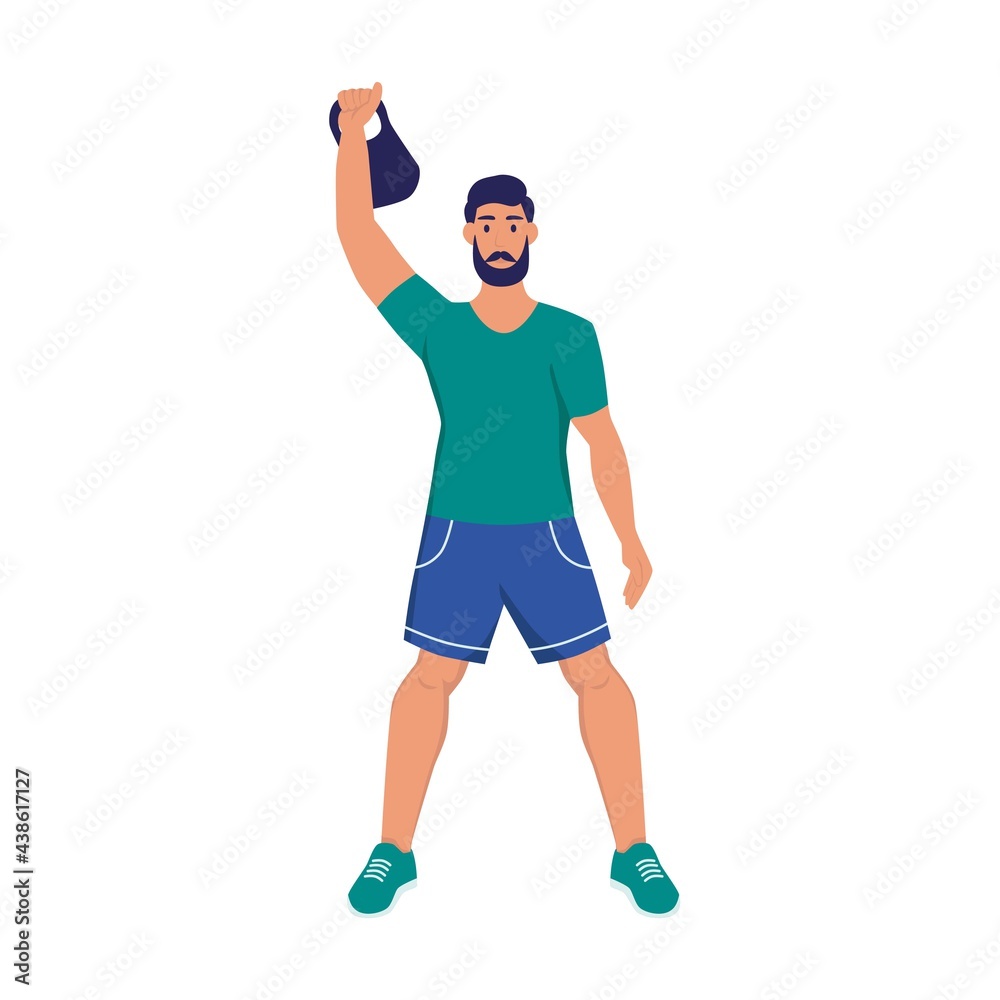 A young man does exercises with a kettlebell. Sports at home, healthy lifestyle. Flat cartoon vector illustration. A young man does exercises with a kettlebell. Sports at home, healthy lifestyle. Flat cartoon vector illustration.
