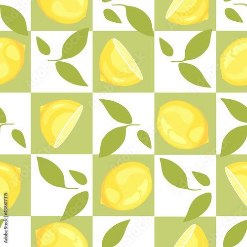 
Lemons with leaves on a pistachio background. Seamless pattern in a flat style. Vector illustration.

