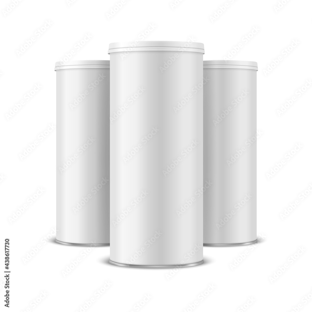 Three Vector 3d Realistic Blank White, Black Metal Tin Can with Lid, Canned Food, Potato Chips Packaging Set Isolated On White Background. Small Size. Design Template, Mockup. Front View Three Vector 3d Realistic Blank White, Black Metal Tin Can with Lid, Canned Food, Potato Chips Packaging Set Isolated On White Background. Small Size. Design Template, Mockup. Front View