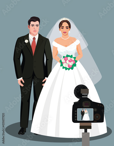 Vector illustration of beautiful wedding couple, bride and groom in standing position. Bride holding bouque