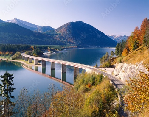 Germany, Upper Bavaria, reservoir, 'Sylvensteinstausee', bridge, autumn,   photo