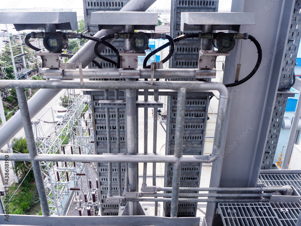 Temperature transmitter for measuring instrument close up in industry zone at power plant. Temperature transmitter for measuring instrument close up in industry zone at power plant.