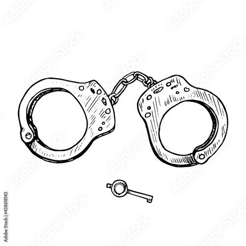 Handcuffs and key,  gravure style ink drawing illustration isolated on white