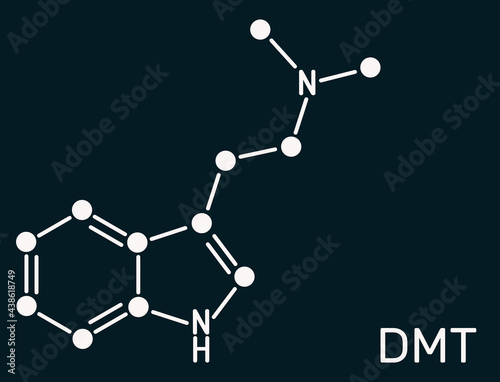 N,N-Dimethyltryptamine, dimethyltryptamine, DMT molecule. It is tryptamine alkaloid, indoleamine derivative, serotonergic hallucinogen. Skeletal chemical formula on the dark blue background photo