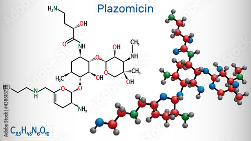 Plazomicin, molecule. It is aminoglycoside antibiotic used for urinary tract infections or pyelonephritis. Structural chemical formula and molecule model photo