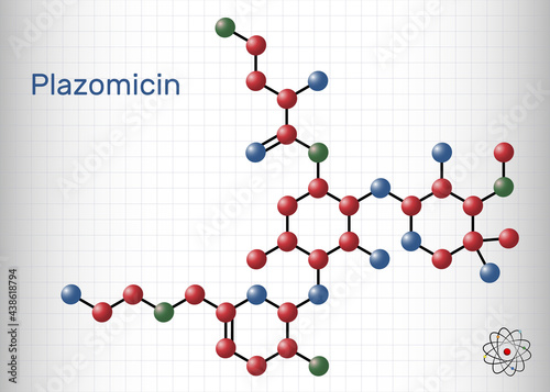 Plazomicin, molecule. It is aminoglycoside antibiotic used for urinary tract infections or pyelonephritis. Sheet of paper in a cage photo