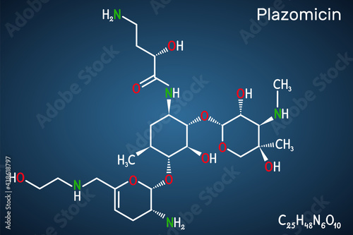 Plazomicin, molecule. It is aminoglycoside antibiotic used for urinary tract infections or pyelonephritis. Structural chemical formula on the dark blue background