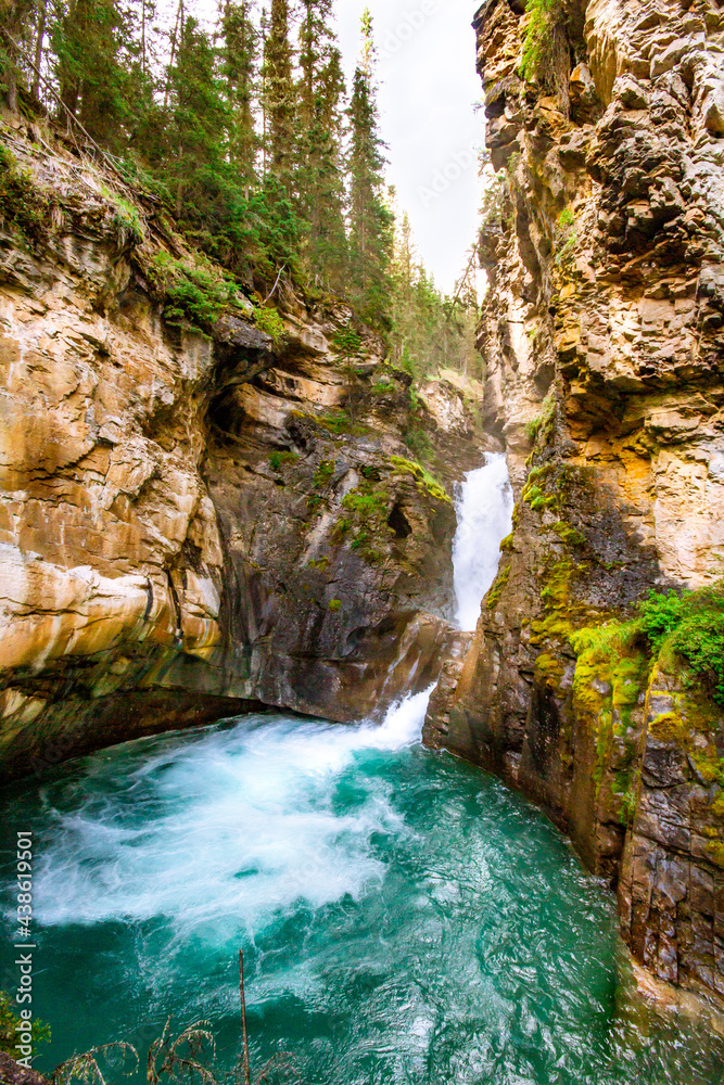 Fototapeta premium Hiking trail in the Rocky Mountains. Waterfall in the Johnston Canyon. Banff National Park, Alberta, Canada