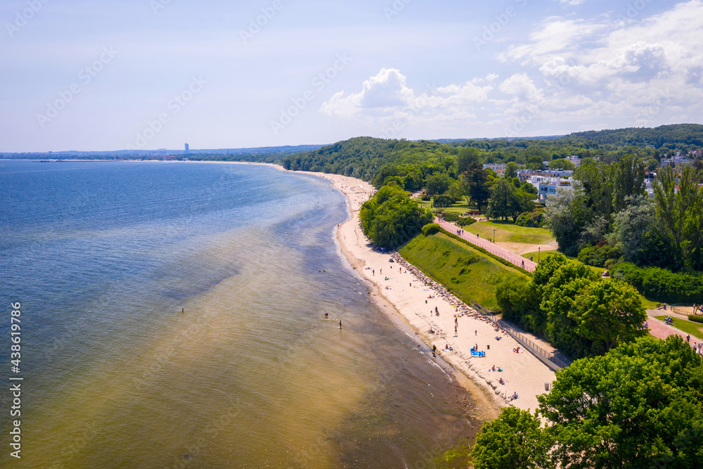 Aerial landscape of the beach by the Baltic Sea in Gdynia Orłowo at summer, Poland.