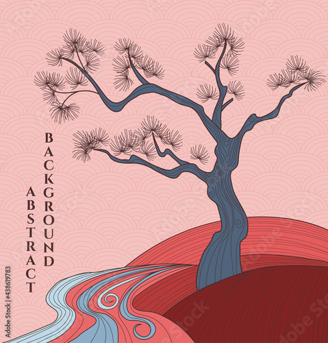 vector blue and orange abstract illustration of tree, main colour is orange,  japanese abstraction