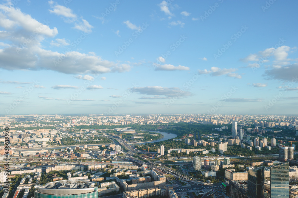 Aerial view of Moscow city in summer. View from the observation platform of the business center of Moscow City. Photography from a height of 354 meters.