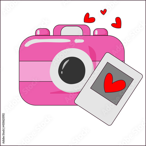 Pink fotocamera, retro foto with red heart. Concept of Valentines day and love, take a foto.
