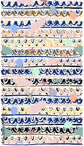 Abstract ethnic inspired modern boho art print quirky linocut silk screen. Repetitive organic hand drawn pattern. Calligraphic felt tip pastel colour waves curls border motif. Low-fi retro home decor 