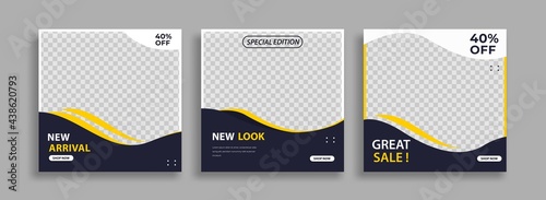 Set of Editable minimal square banner template. Blue yellow white background color with geometric shapes for social media post and web internet ads. Vector illustration