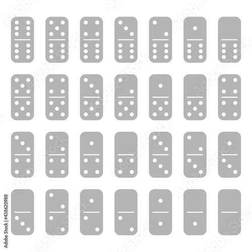 Domino set of 28 tiles. Grey pieces with white dots. Simple flat vector illustration.