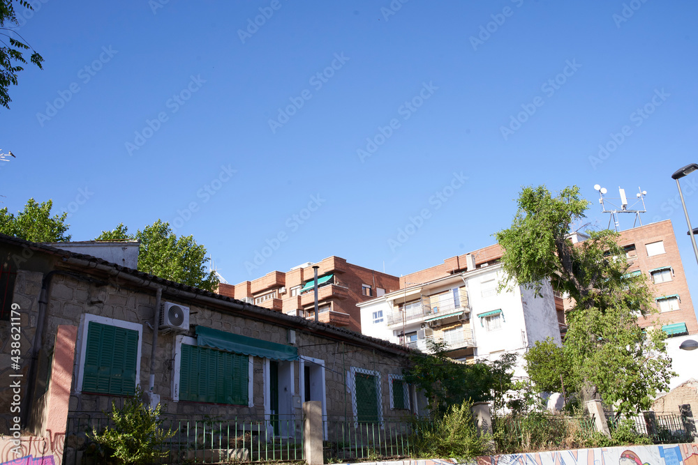 View of low houses of a village in madrid called San Martin de Valdeiglesias