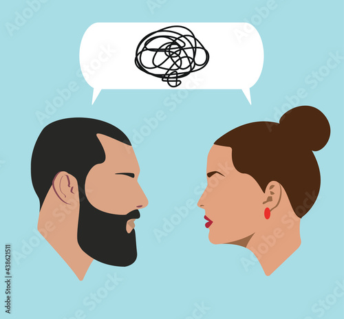 Portraits. Silhouettes of people with dialogue speech bubbles. Bearded guy and girl in conflict. Conversation. conflicting behavior. Conflict communication