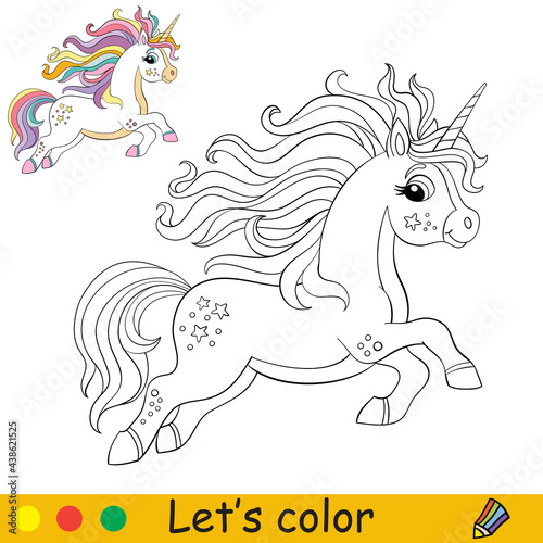 Cartoon running unicorn with rainbow mane and tail coloring