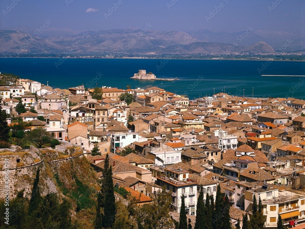 greece, peloponnese, navplion, town overview, fortress, bourtzi, harbour, harbour entrance, castle, building, sight, sea, 