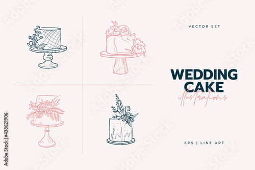 Wedding cake trending vector illustration. Linear art. Icon for wedding agencies, photographers, law shops, florists, pastry shops