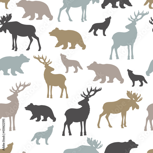 Seamless pattern with silhouettes of forest animals