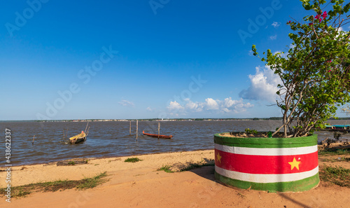 Albina, Suriname - September 2020: Flag Of Suriname Painted On Plant Pot At The French Guiana Border.
