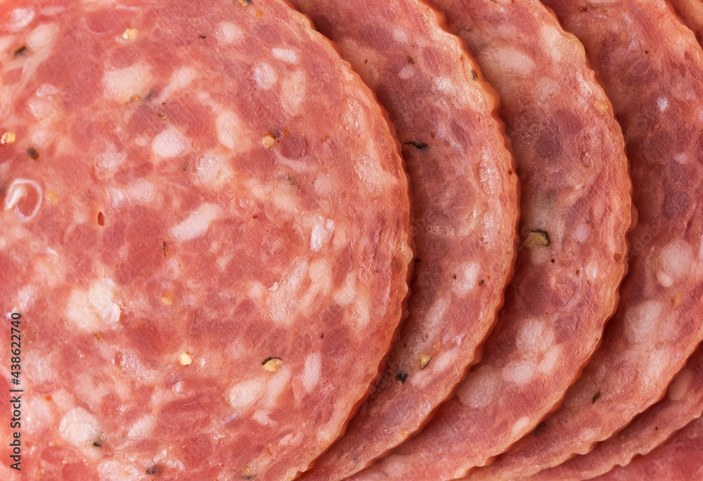 Close view of several slices of dry salami