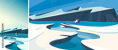 Arctic landscape with frozen water. Natural scenery in vertical and horizontal orientation.