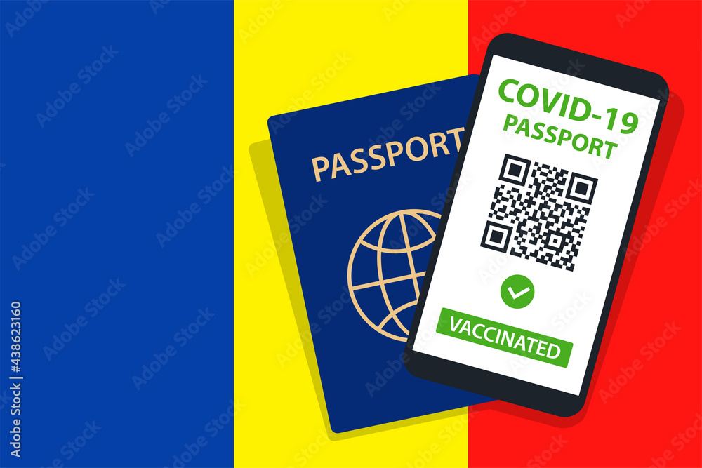 Covid-19 Passport on Chad Flag Background. Vaccinated. QR Code. Smartphone. Immune Health Cerificate. Vaccination Document. Vector