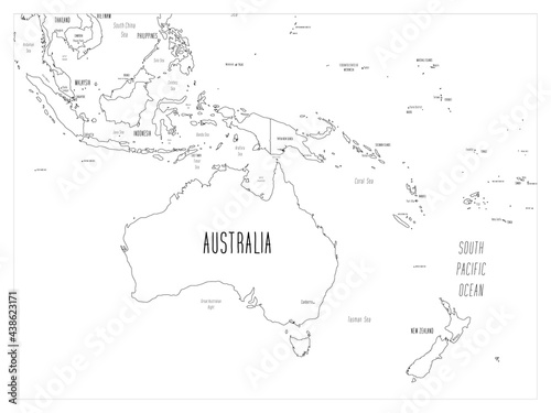 Political map of Australia and Oceania. Black outline hand-drawn cartoon style illustrated map with bathymetry. Handwritten labels of country, capital city, sea and ocean names. Simple flat vector map