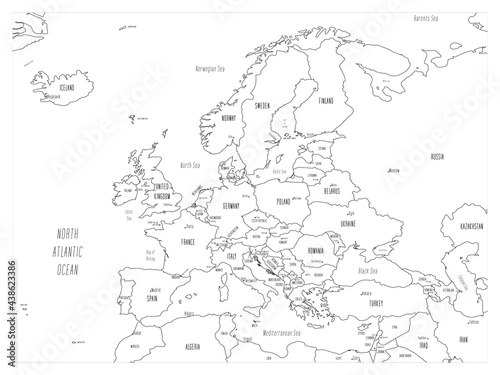 Political map of Europe. Black outline hand-drawn cartoon style illustrated map with bathymetry. Handwritten labels of country, capital city, sea and ocean names. Simple flat vector map.