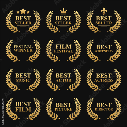 Film Festival Gold Award Set with Laurel Wreath on Black. Best Seller Vector