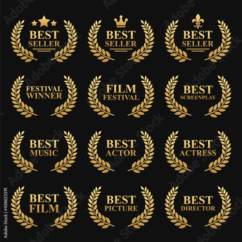 Film Festival Gold Award Set with Laurel Wreath on Black. Best Seller Vector