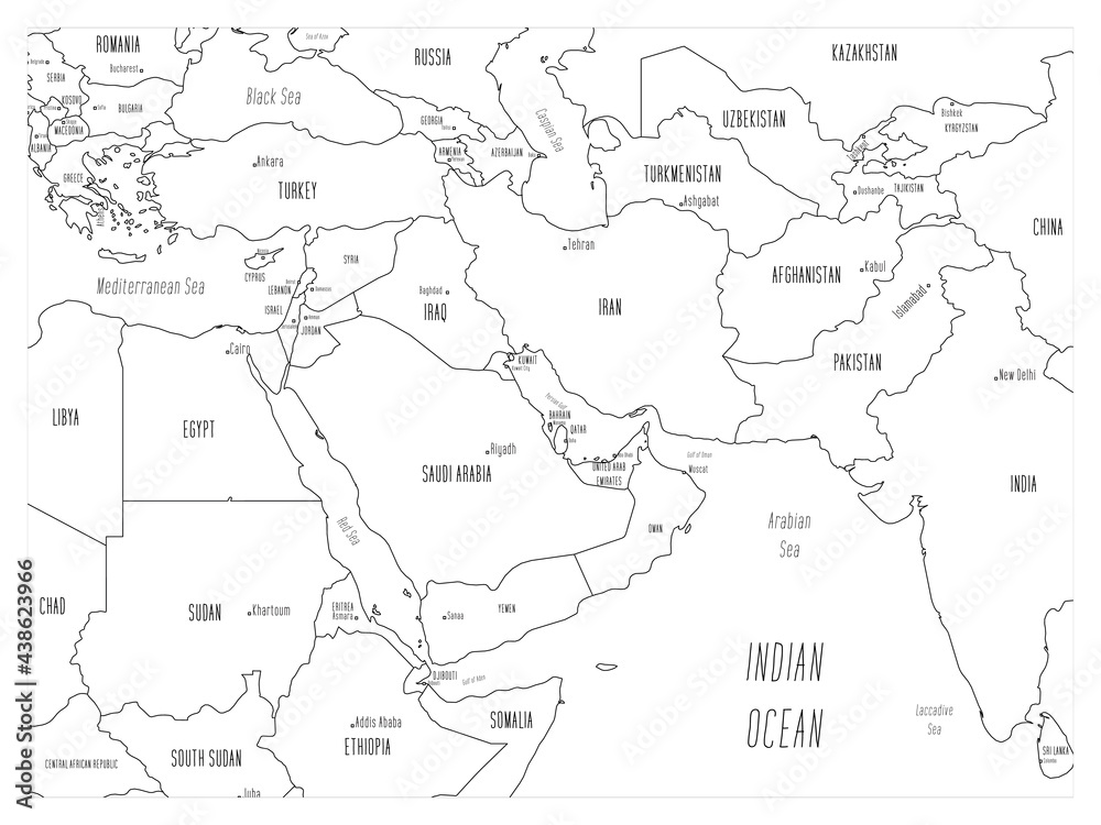Obraz Mapa polityczna Bliskiego Wschodu. Czarny kontur ręcznie rysowane stylu cartoon ilustrowana mapa z batymetrią. Odręczne etykiety z nazwami krajów, stolic, mórz i oceanów. Mapa proste płaskie wektor.