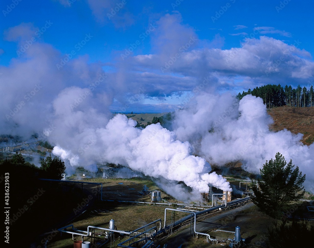 new zealand, north island, wairakei, geothermal power plant, overview, steam, 600m depth, rise, economy, industry, power generation, energy, alternative, geothermal, extraction, 
