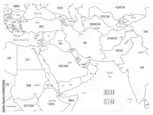 Political map of Middle East. Black outline hand-drawn cartoon style illustrated map with bathymetry. Handwritten labels of country, capital city, sea and ocean names. Simple flat vector map.