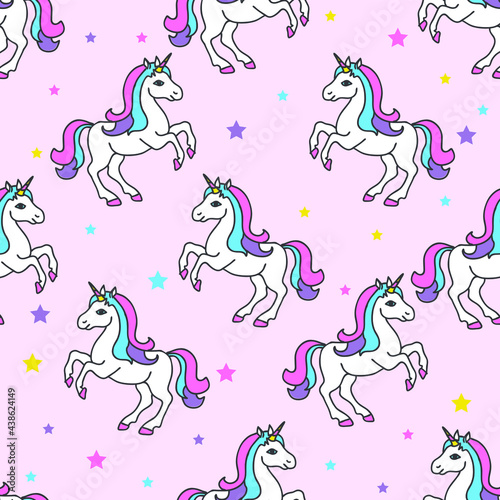 Seamless pattern with cute unicorns  stars on pink background.