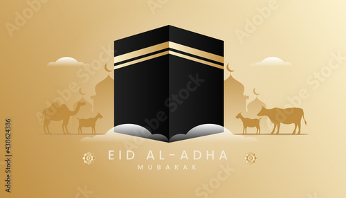 Eid al adha mubarak background, banner, greeting design with gradient gold color theme and Kaaba Illustration. Silhouette lamb, goat and camel.