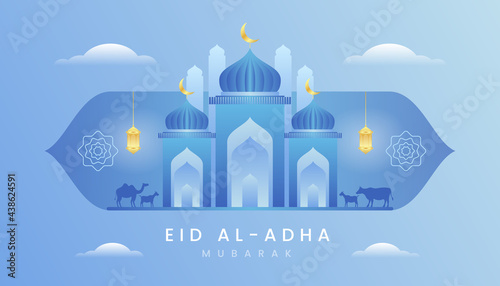 Eid al adha mubarak the celebration of muslim community festival background, banner, greeting design with gradient blue and gold color theme. Silhouette lamb, goat and camel. Mosque Illustration. photo