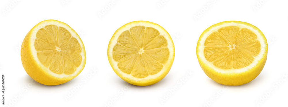 Natural Lemon fruit cut in half isolated on white background, collection.
