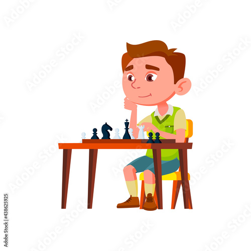 little boy playing chess game on chessboard cartoon vector. little boy playing chess game on chessboard character. isolated flat cartoon illustration