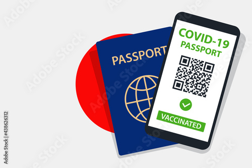 Covid-19 Passport on Japan Flag Background. Vaccinated. QR Code. Smartphone. Immune Health Cerificate. Vaccination Document. Vector