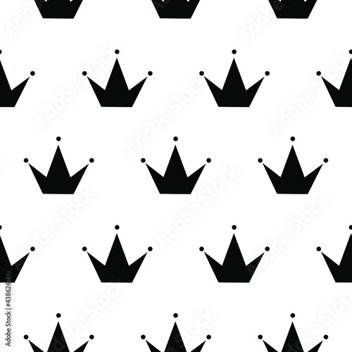 Black and white princess crown seamless pattern.
