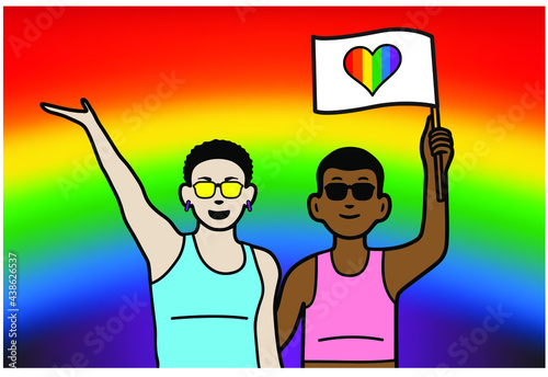 wear pink and blue tanktop with sunglasses in black and yellow, in LGBTQ+ pride with mood multicolored background, purple, blue, green, yellow, orange and red, hold white flag with heart shape graphic