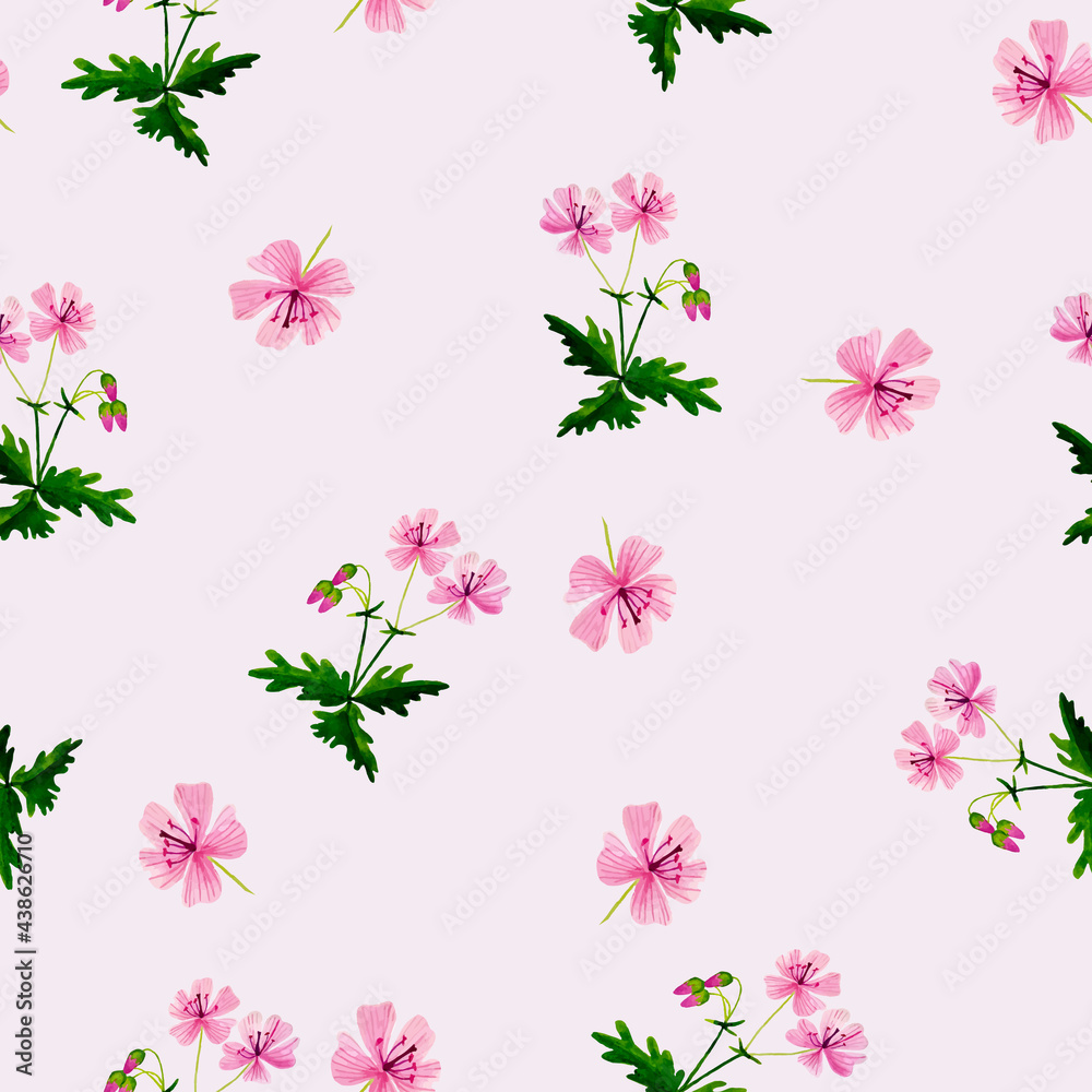 Blooming twig of pink geranium on a pale pink background. Seamless pattern.