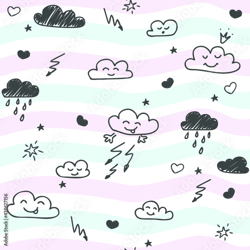 Hand-drawn seamless pattern with cute clouds, stars on a striped background.