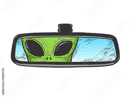 alien is reflected in car rear view mirror color line art sketch engraving vector illustration. T-shirt apparel print design. Scratch board imitation. Black and white hand drawn image.